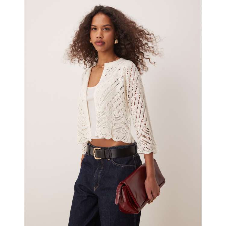 JDY 3/4 sleeve crop broderie cardigan in cream | ASOS