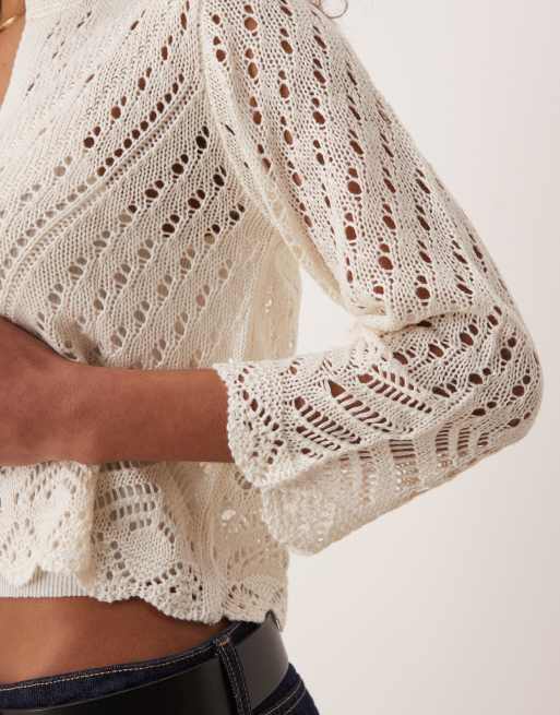 JDY 3/4 sleeve crop broderie cardigan in cream, 3 of 4