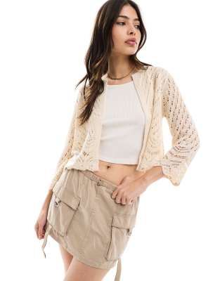 JDY JDY 3/4 sleeve crop crochet cardigan in beige-Pink