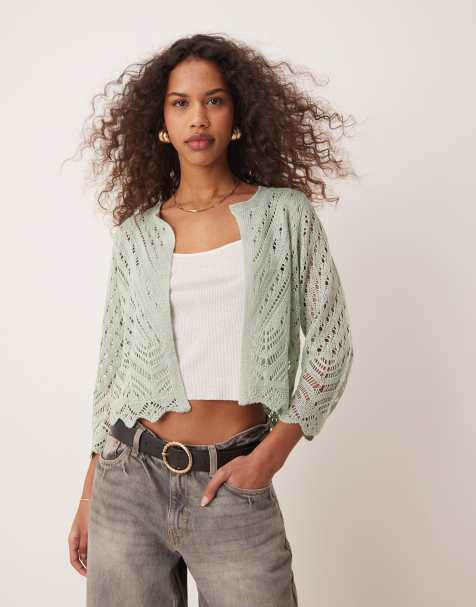 JDY 3/4 sleeve cropped eyelet cardigan in light sage - view 1