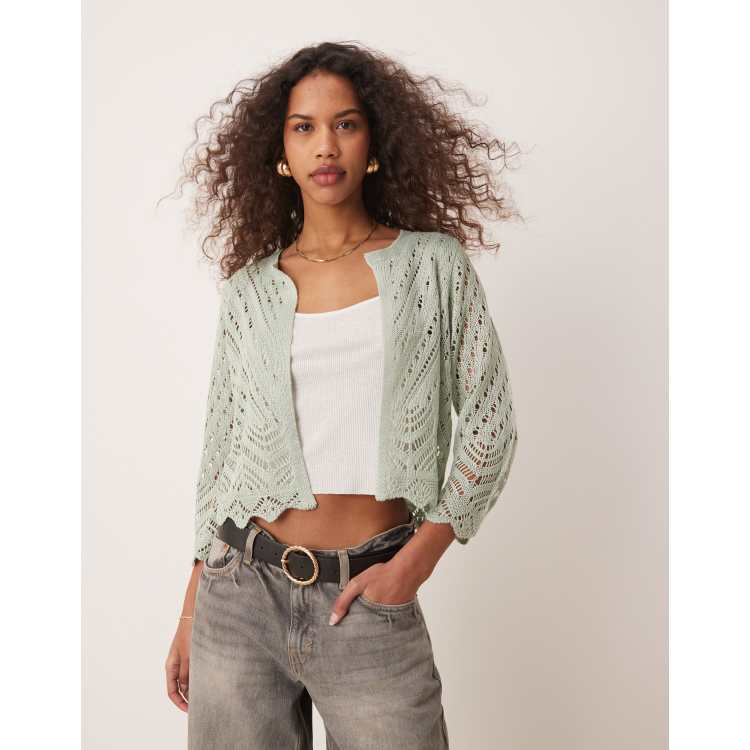新品 2022SS JOICEADDED seamless cardigan JDY 3/4 sleeve cropped eyelet cardigan in light sage | ASOS