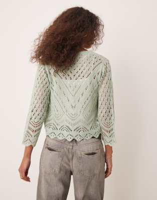 Jdy 3/4 Sleeve Cropped Eyelet Cardigan In Green
