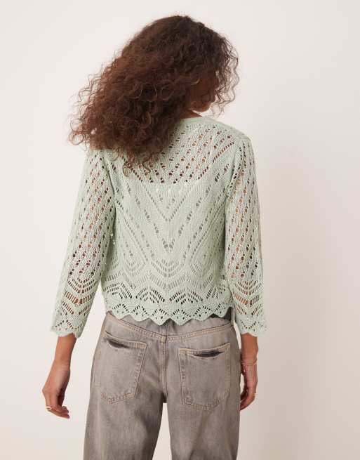JDY 3/4 sleeve cropped eyelet cardigan in light sage | ASOS