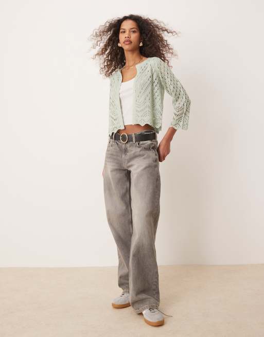 JDY 3/4 sleeve cropped eyelet cardigan in light sage | ASOS
