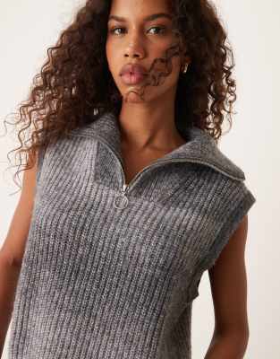 JDY 3/4 zip knitted singlet in dark grey melange