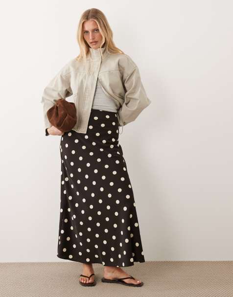 JDY a-line satin maxi skirt in brown polka dots - view 1