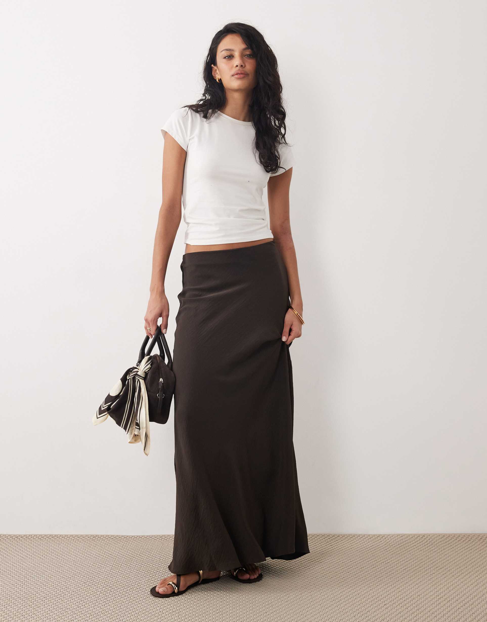 jdy a-line satin maxi skirt in chocolate
