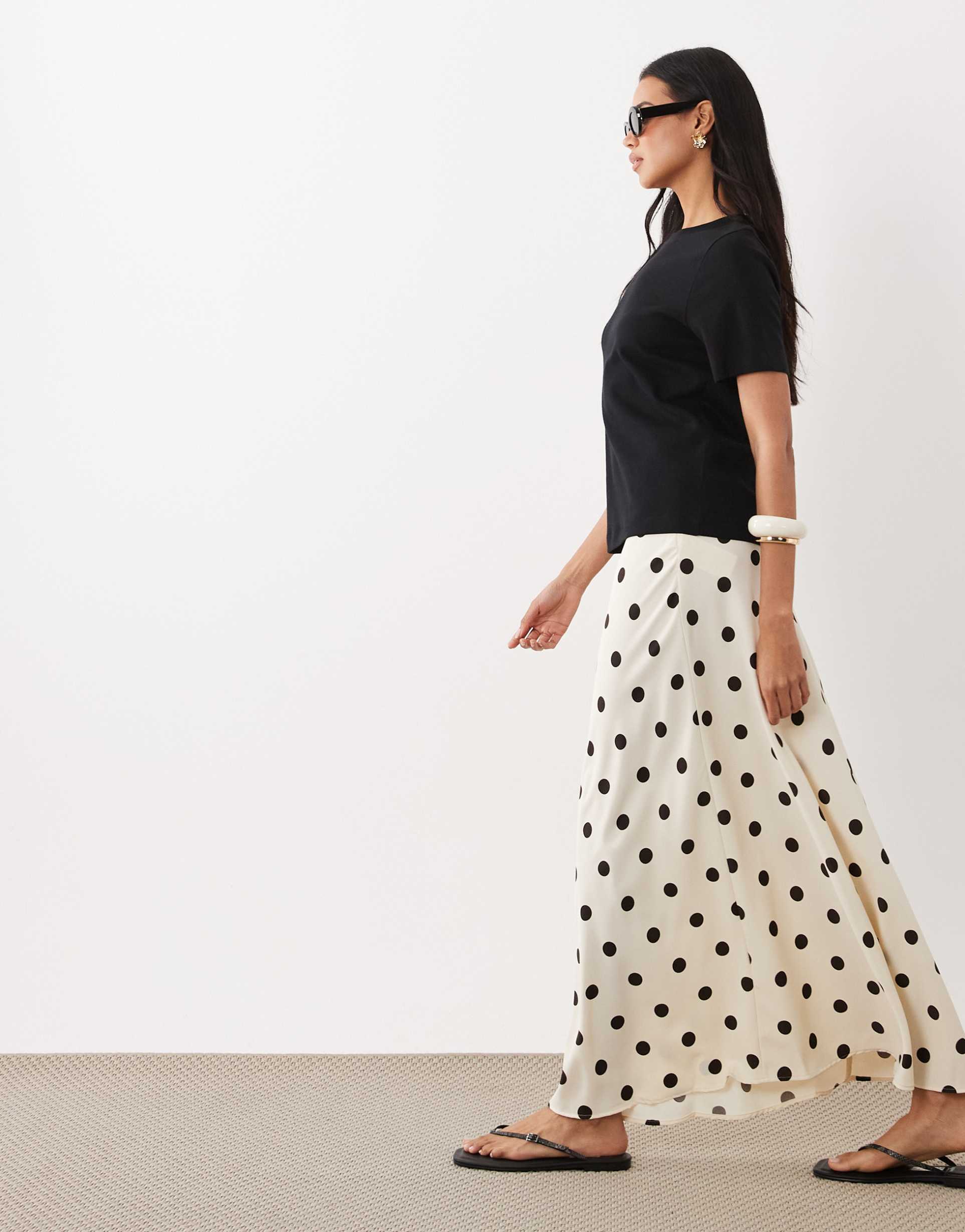 jdy a-line satin maxi skirt in cream polka dots