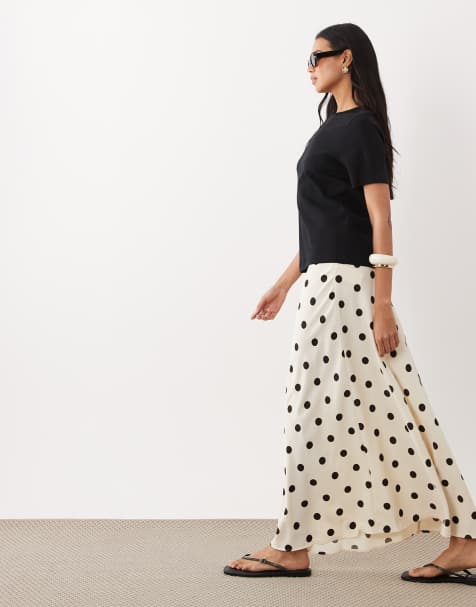 JDY a-line satin maxi skirt in cream polka dots
