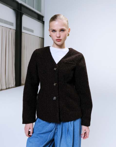 JDY - Aansluitend bouclé blazer-jack in chocoladebruin - view 1