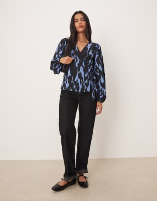 Jdy Abstract Print Wrap Blouse In Blue