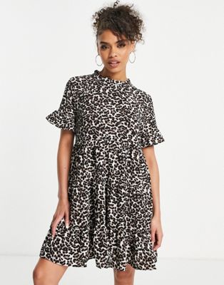 JDY alba short sleeve smock mini dress in leopard print