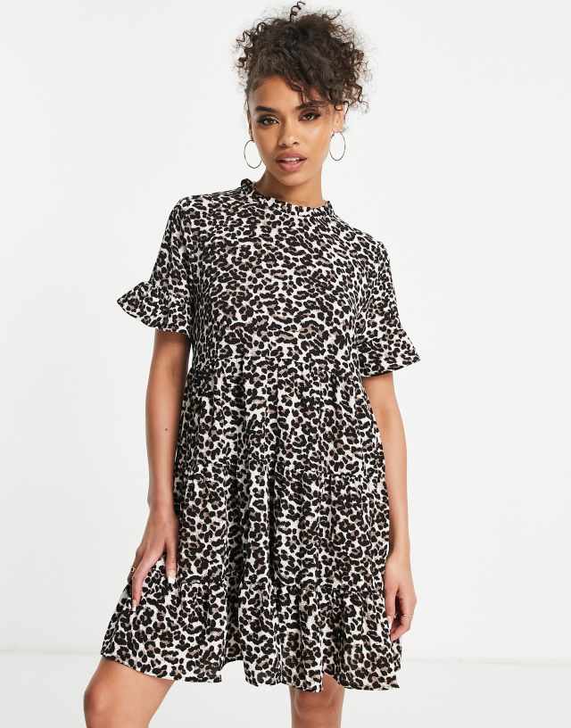 JDY Alba short sleeve smock mini dress in leopard print