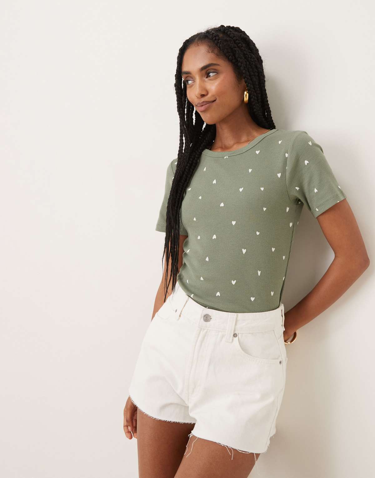 JDY all over heart print ribbed t-shirt in khaki
