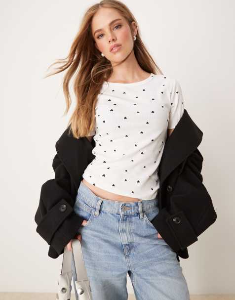 JDY all over heart print ribbed t-shirt in white - view 1