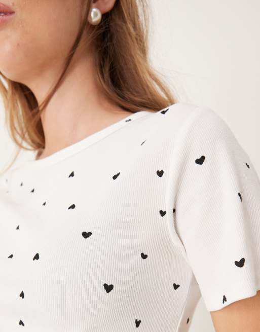 JDY all over heart print ribbed t-shirt in white, 3 of 4