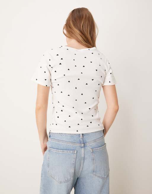 JDY all over heart print ribbed t-shirt in white, 4 of 4
