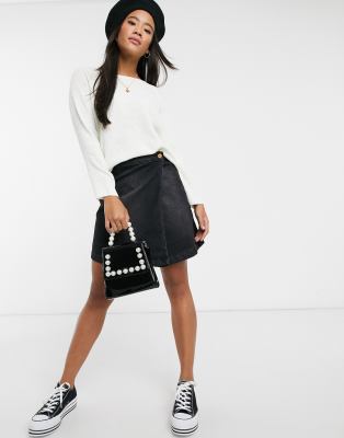 JDY Ally wrap denim mini skirt in washed black | ASOS