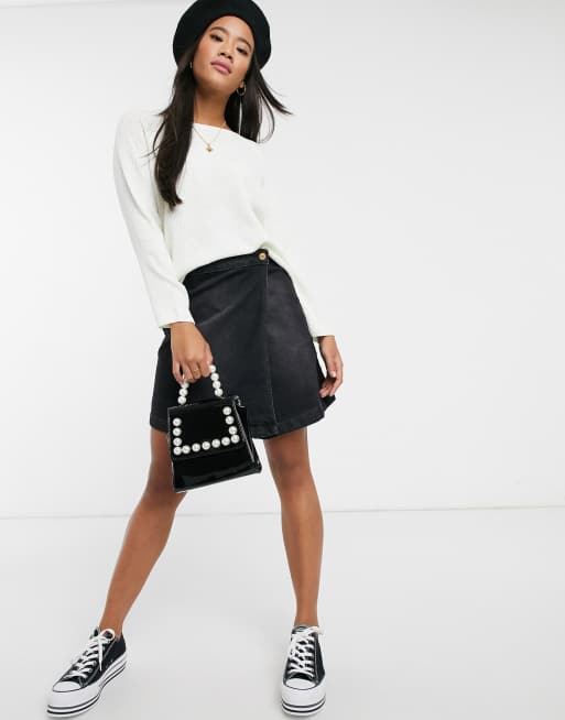 JDY Ally wrap denim mini skirt in washed black ASOS