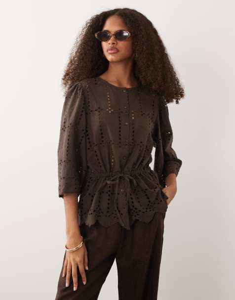 JDY anglaise details short sleeve shirt in chocolate brown - view 1