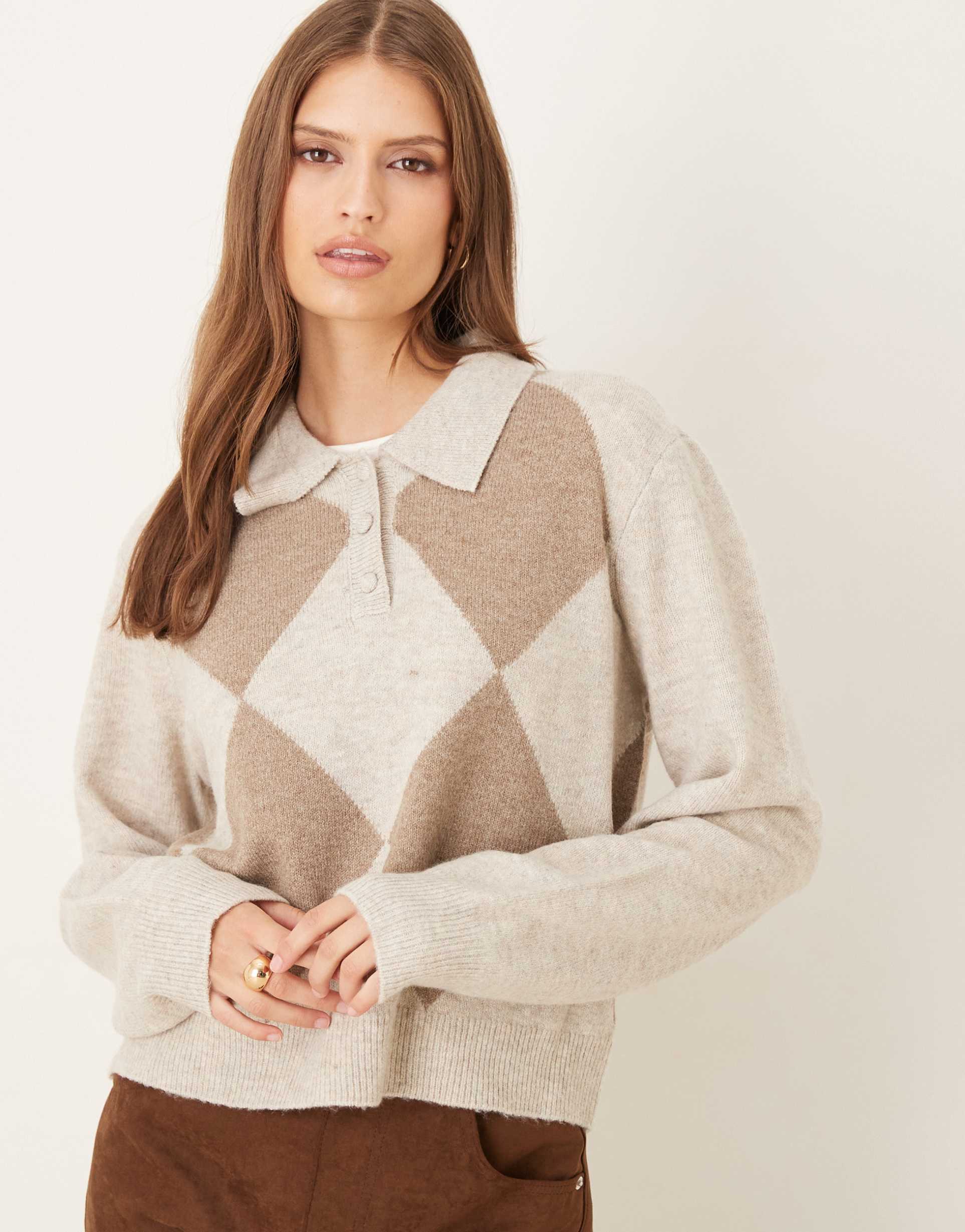 jdy argyle details knit polo sweater in light gray