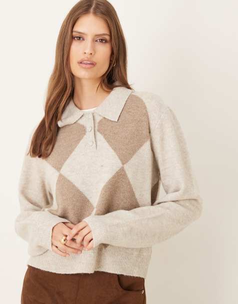 JDY argyle details knitted polo jumper in light grey - view 1