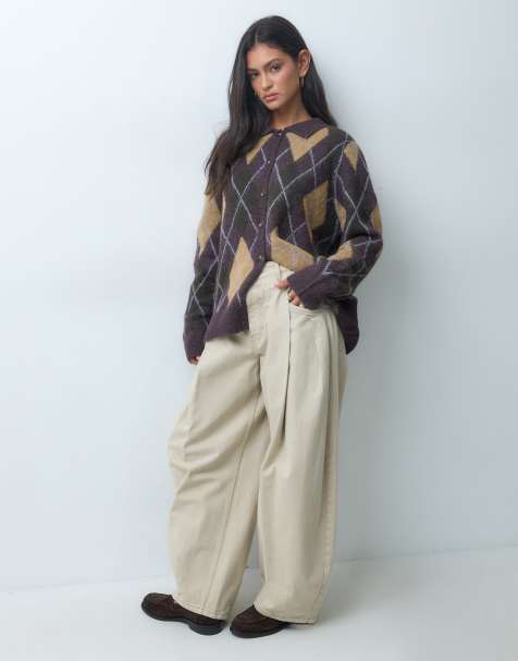 JDY argyle knitted cardigan in dark plum - view 1