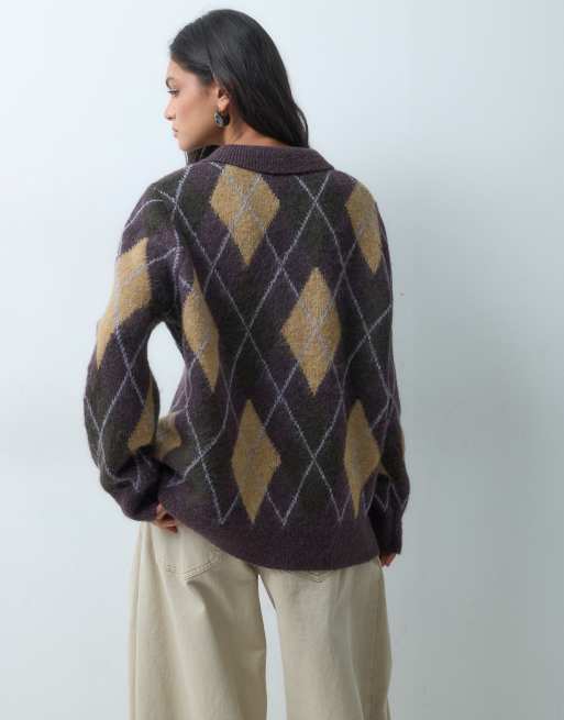 JDY argyle knitted cardigan in dark plum, 2 of 9