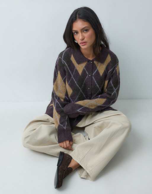 JDY argyle knitted cardigan in dark plum, 3 of 9