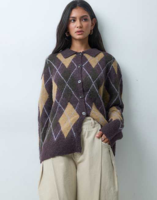 JDY argyle knitted cardigan in dark plum, 4 of 9