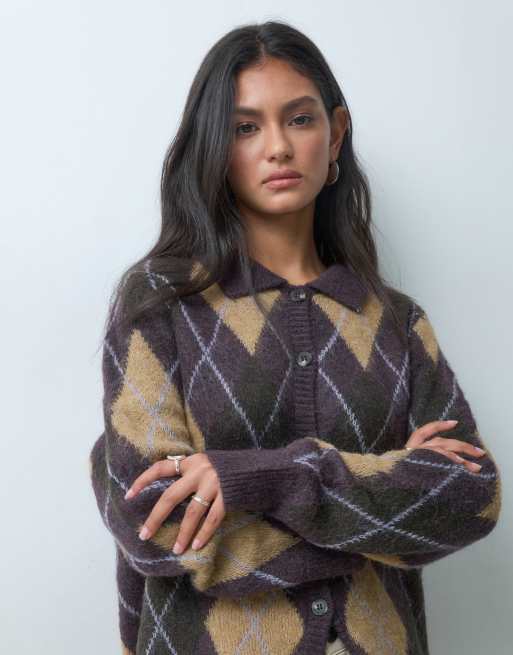 JDY argyle knitted cardigan in dark plum, 5 of 9