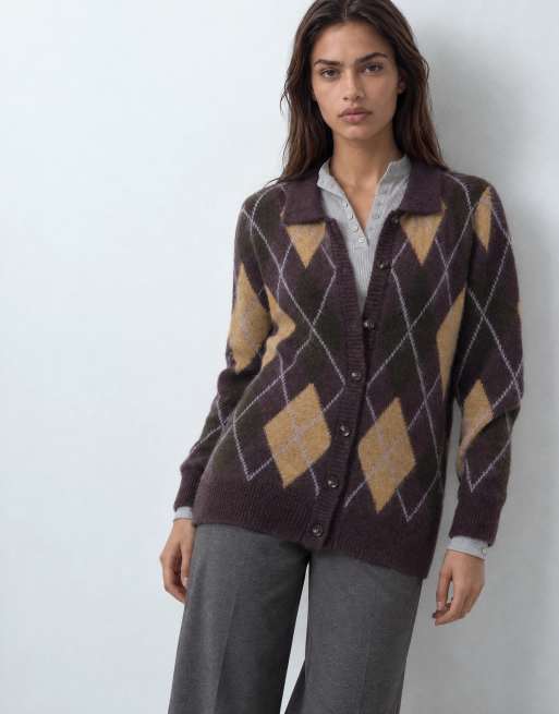 JDY argyle knitted cardigan in dark plum, 6 of 9