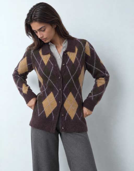JDY argyle knitted cardigan in dark plum, 7 of 9