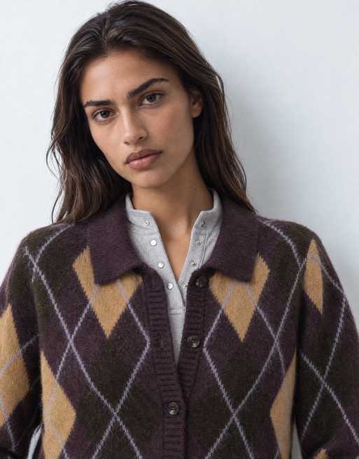 JDY argyle knitted cardigan in dark plum, 8 of 9
