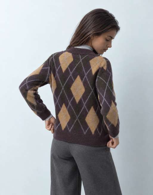 JDY argyle knitted cardigan in dark plum, 9 of 9