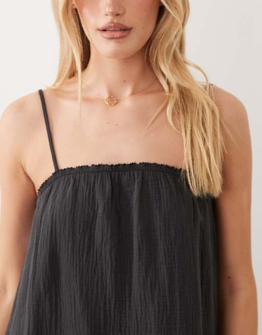 JDY – Ärmelloses Maxikleid aus grob gewebter Baumwolle in verwaschenem Schwarz , 3 von 4