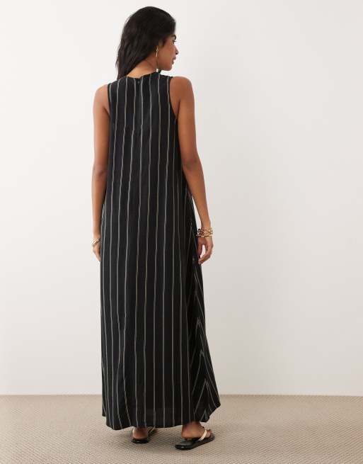 JDY – Ärmelloses Maxikleid aus Leinenmix in Schwarz mit weißen Streifen, 4 von 4