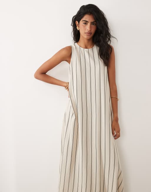 JDY – Ärmelloses Maxikleid aus Leinenmix in Weiß mit schwarzen Streifen, 2 von 4