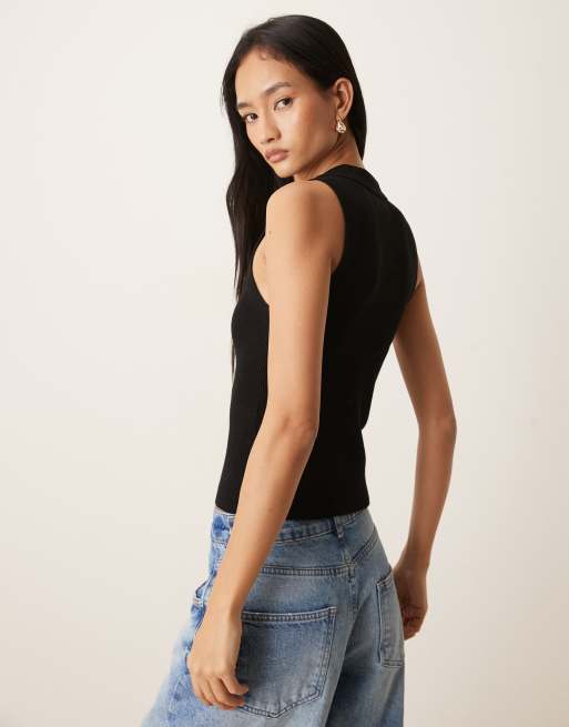 JDY – Ärmelloses Poloshirt aus Rippstrick in Schwarz, 4 von 4
