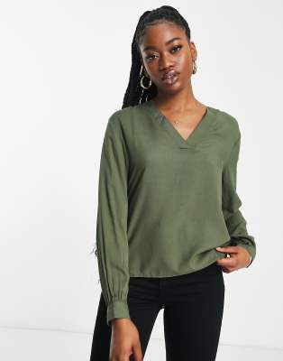 JDY Aros v neck blouse in khaki - ASOS Price Checker
