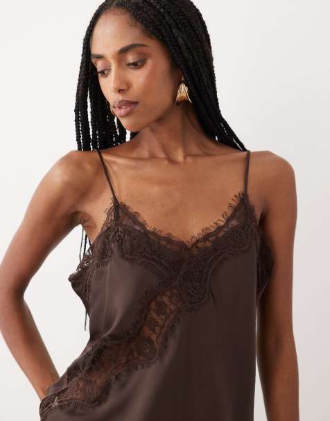 JDY asymetric cami top with lace edge in chocolate - view 1