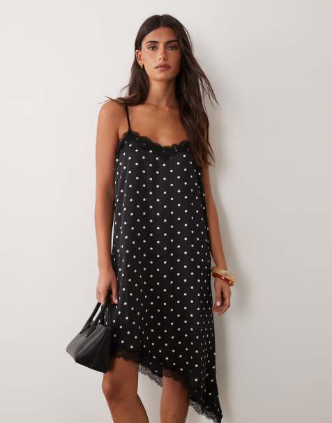 JDY asymetric mini dress with lace edge in black polka dots - view 1