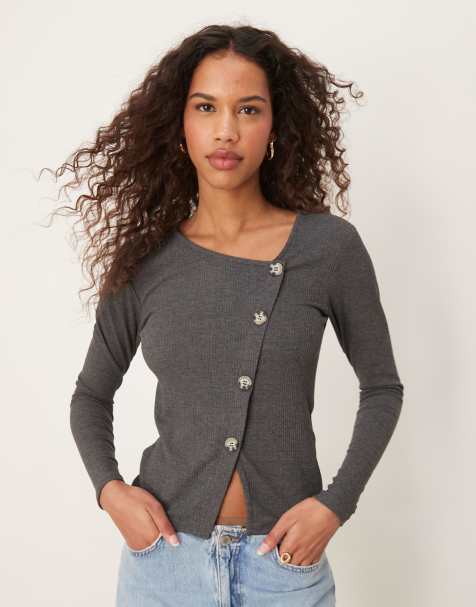 JDY asymetric ribbed button detail top in dark grey - view 1