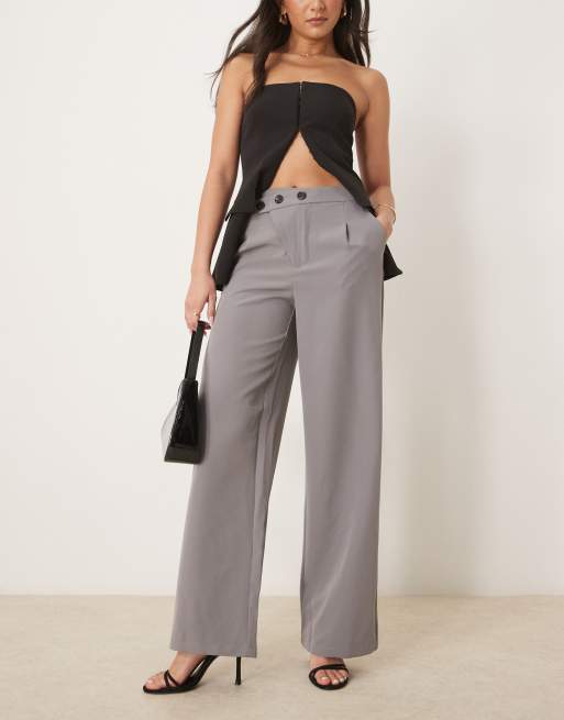 JDY asymmetric button wide leg pants in gray