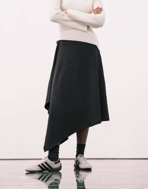 JDY asymmetric midaxi skirt in dark grey pinstripes