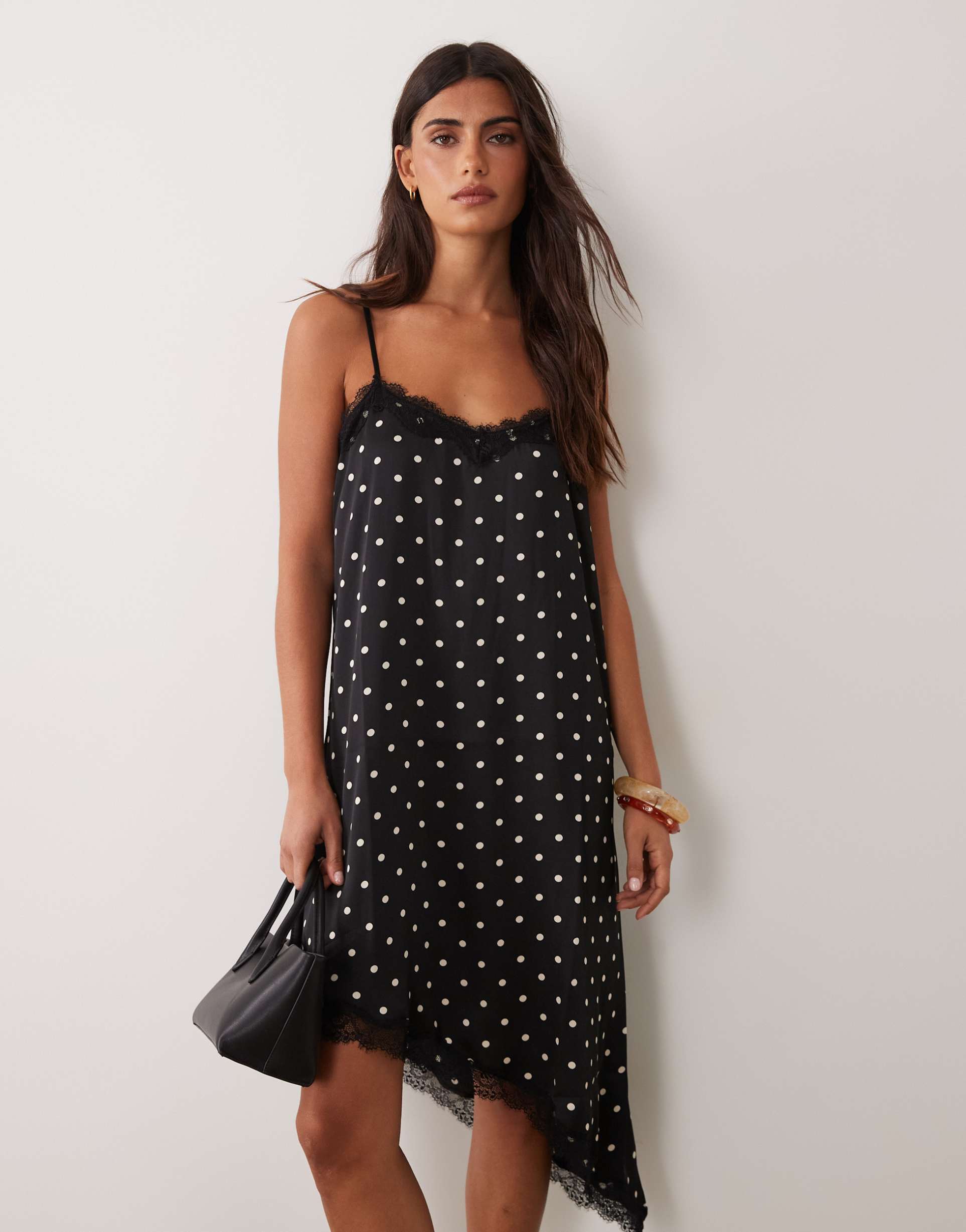 jdy asymmetric mini dress with lace edge in black polka dot