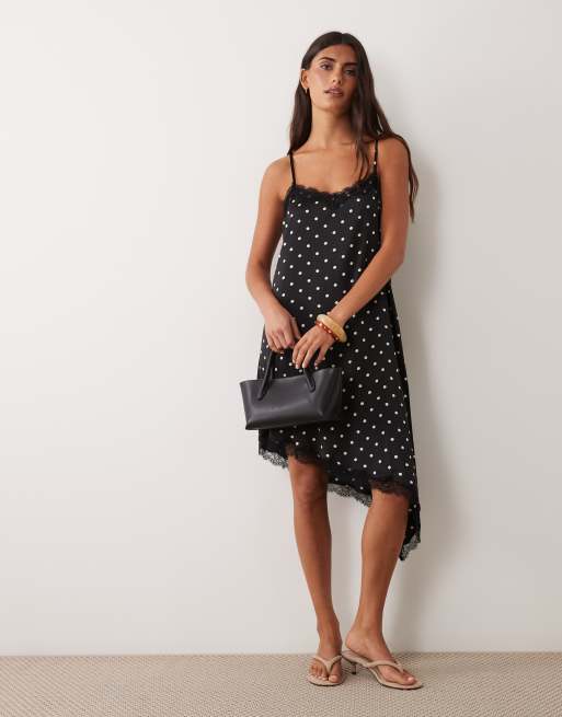JDY asymmetric mini dress with lace edge in black polka dots, 2 of 4