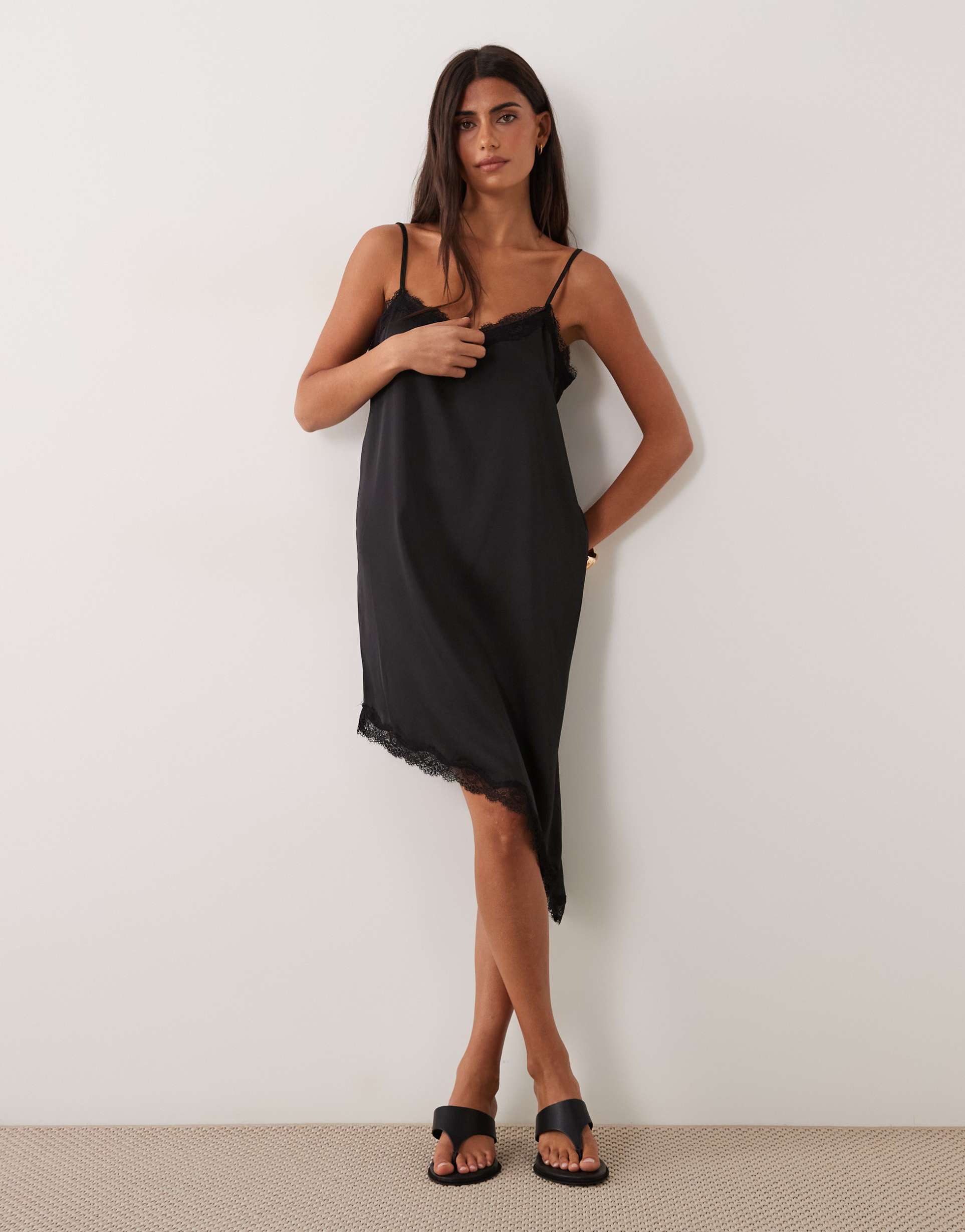 jdy asymmetric mini dress with lace edge in black
