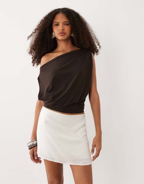 JDY asymmetric neck cinched top in brown - view 1