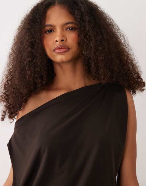 JDY asymmetric neck cinched top in brown, 3 of 4